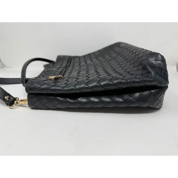 Black Woven Faux Leather Satchel Crossbody Handbag Gold Hardware - Picture 7 of 9